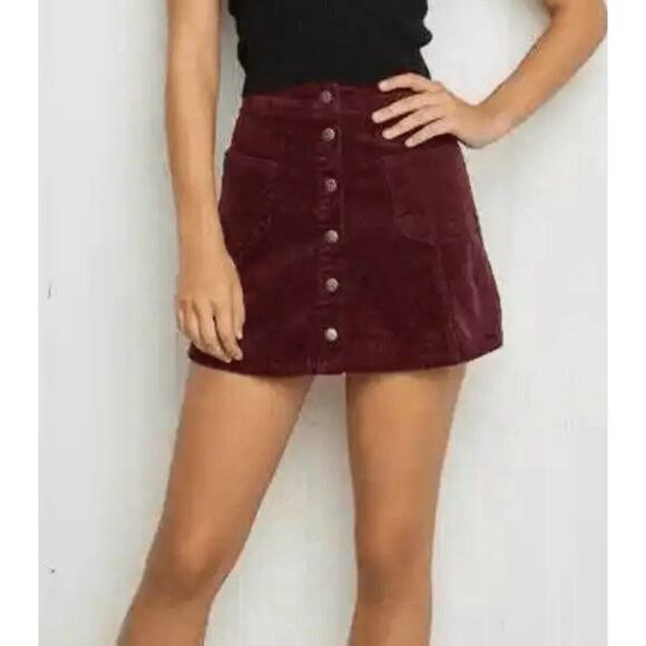Brandy Melville Dresses & Skirts - Brandy Melville Sena Mini Skirt Corduroy Size Small Burgundy Button Snap Front